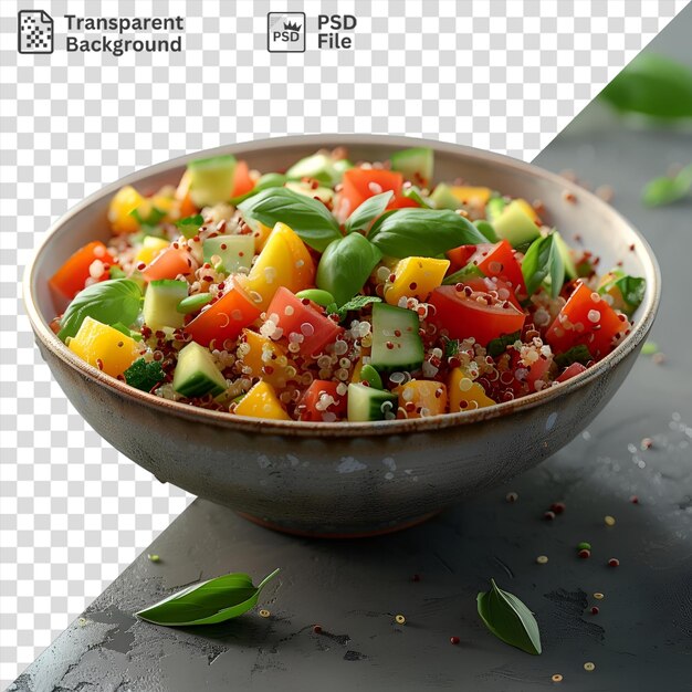 PSD hochwertiger quinoa-salat mit frischem grünem brokkoli und saftigen roten tomaten, der in einer schwarzen schüssel serviert wird