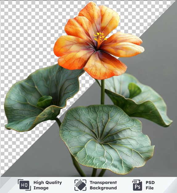 PSD hochwertiges durchsichtiges psd-clippart aus lebendiger orangefarbener nasturtiumblüte mit grünen blättern