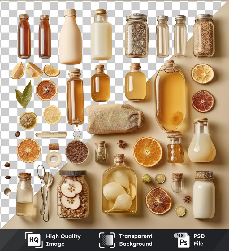 PSD hochwertiges durchsichtiges psd homebrew kombucha-making-set mit einer vielzahl von flaschen und utensilien, darunter ein silberner löffel, eine weiße flasche, eine glasflasche und eine orange