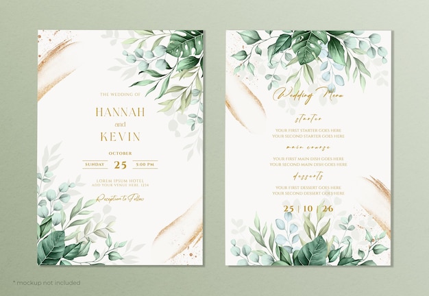 Hochzeitseinladung und Menüvorlage mit goldener Bürste und Blattdekoration