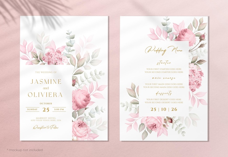 PSD hochzeitseinladungs- und menüschablonensatz mit schöner rosen- und blattdekoration