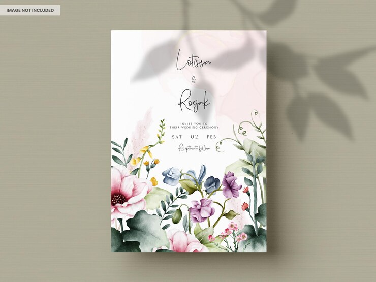 PSD hochzeitseinladungskarte mit blumen und blättern aquarell