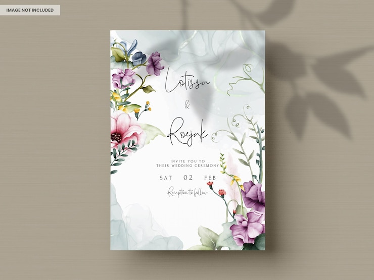 PSD hochzeitseinladungskarte mit blumen und blättern aquarell
