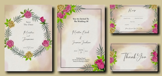 Hochzeitseinladungskarte mit rosa und goldenen aquarell-rosen-blumen-set-design auf braunem hintergrund