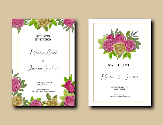 Hochzeitseinladungskarte mit rosa und goldener aquarell-rosen-blume