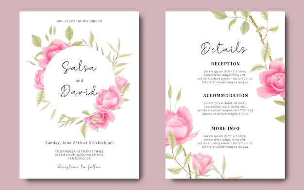 Hochzeitseinladungskartenschablone und detailkarte mit aquarellrosen
