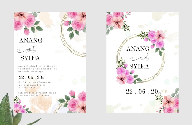 Hochzeitseinladungssatz mit abstraktem und rosa blumenaquarellhintergrund