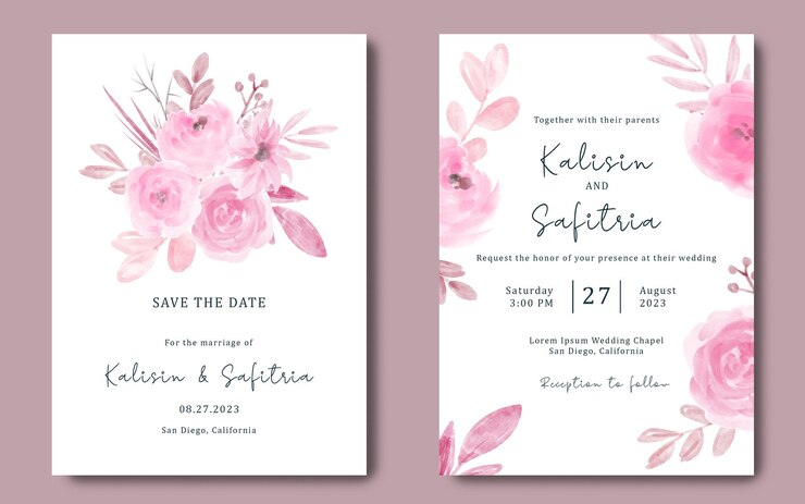 PSD hochzeitseinladungsschablone mit aquarellrosa blumen