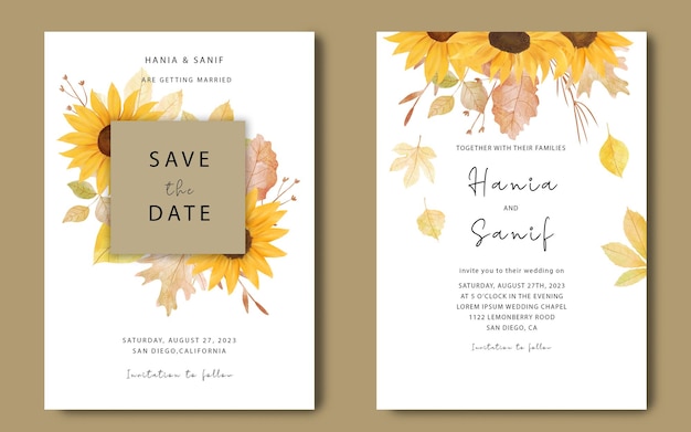 Hochzeitseinladungsschablone mit Aquarellsonnenblumen und Herbstlaub