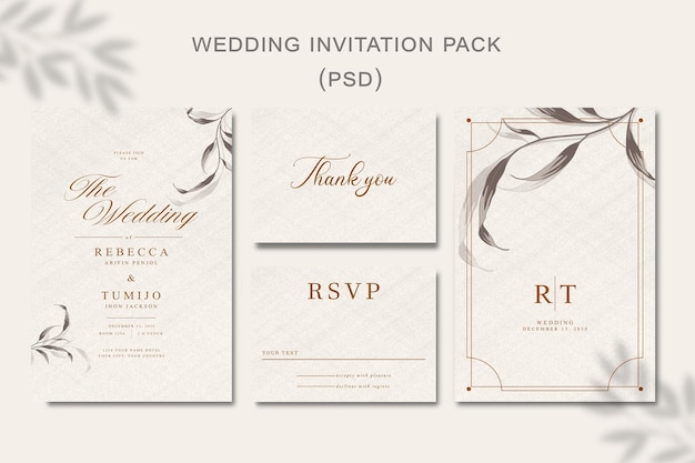 PSD hochzeitseinladungsschablonenset mit blumenrahmen premium vector