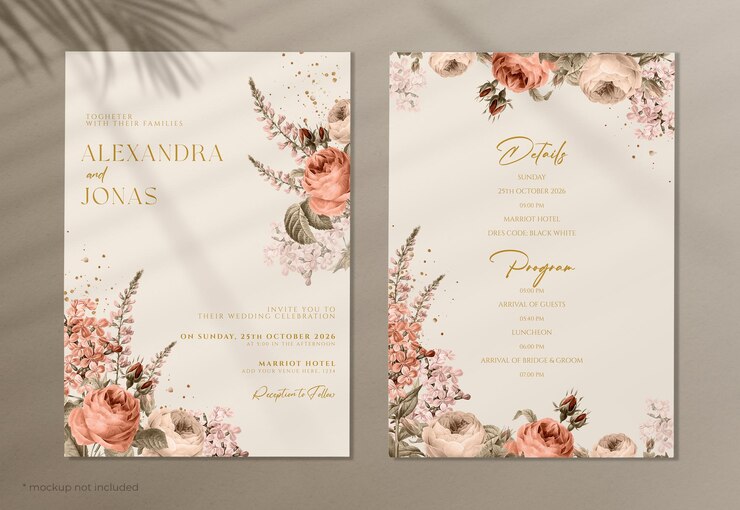 PSD hochzeitseinladungsvorlage mit romantischen blumen