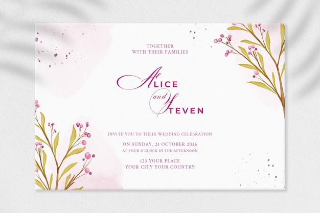 Hochzeitseinladungsvorlage mit rosa Blume Premium Psd