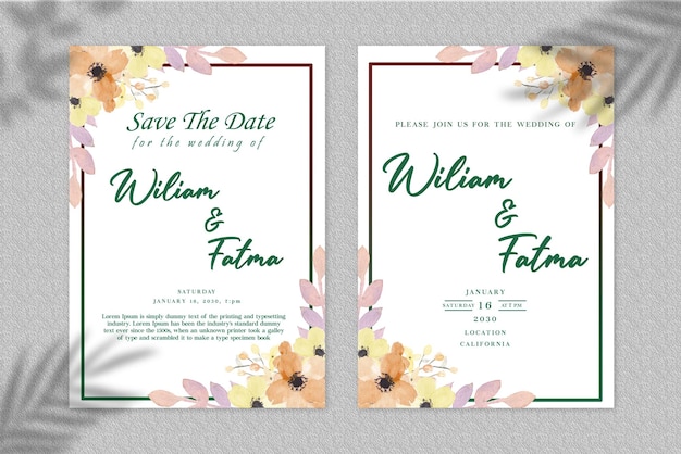 Hochzeitseinladungsvorlagensatz mit Blumenrahmen Premium PSD