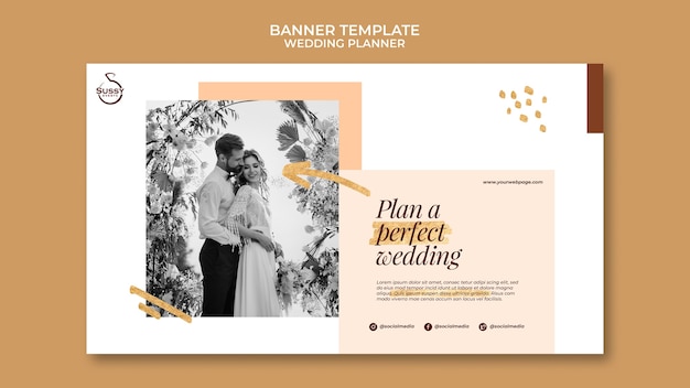 Hochzeitsplaner horizontale Banner-Vorlage mit goldenen Stiftmarkierungen