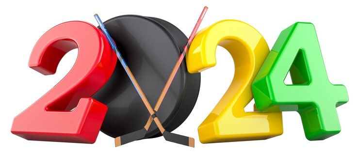 PSD hockey 2024 with ice hockey stick and hockey puck concept 3d rendering isolated on transparent background