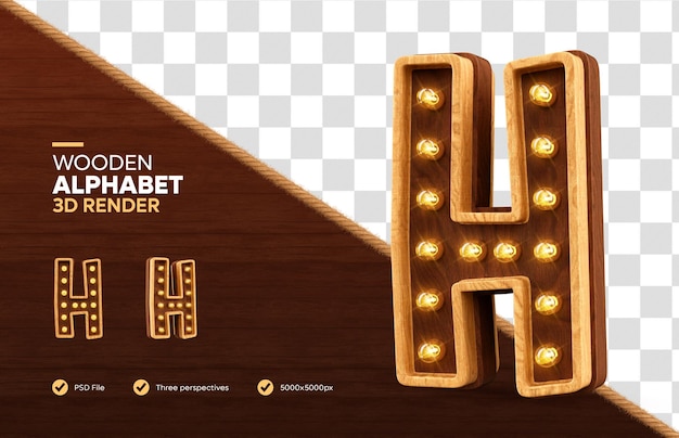 Hölzerner Alphabet-Buchstabe h 3D-Rendering mit realistischen Lampen