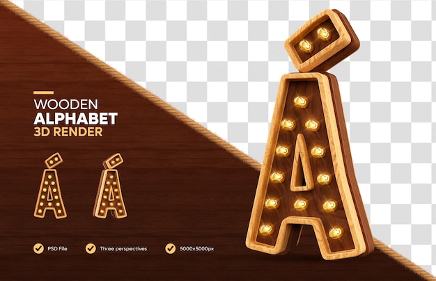 Hölzerner Alphabet-Sonderbuchstabe A 3D-Rendering mit realistischen Lampen