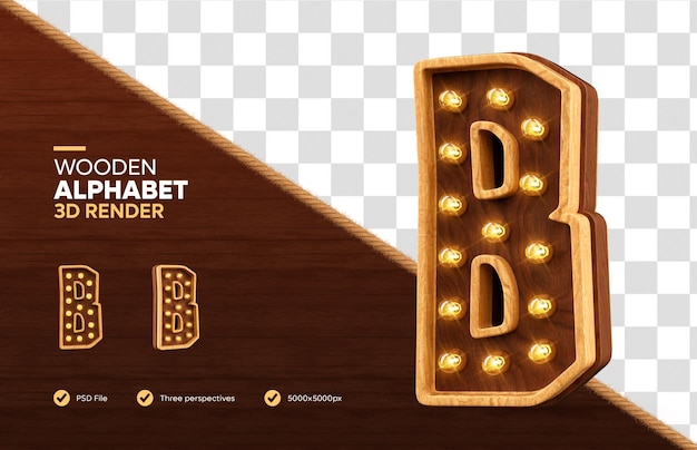 Hölzerner Alphabetbuchstabe b 3D-Rendering mit realistischen Lampen