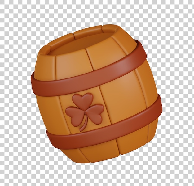 Hölzernes Bierfass mit einem dreiblättrigen Kleeblattsymbol isoliert Happy St. Patrick's Day Icon 3D Render