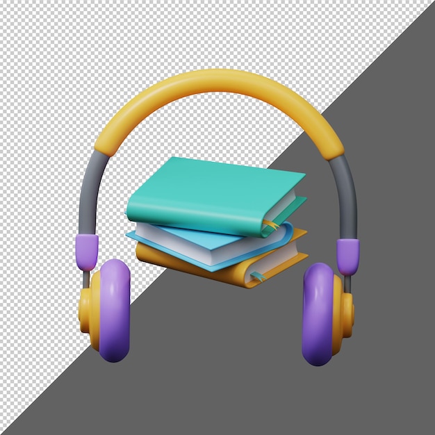 Hörbuch-symbol kopfhörer mit stapel bücher 3d-rendering