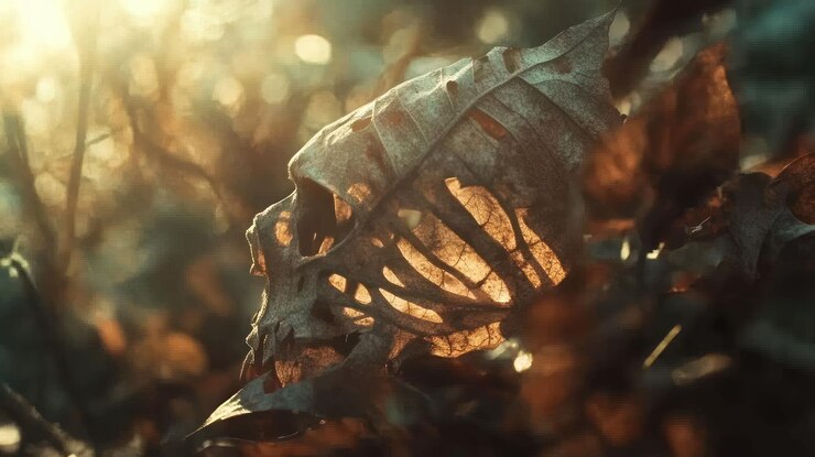 PSD hoja en forma de calavera iluminada por el sol en el follaje de otoño
