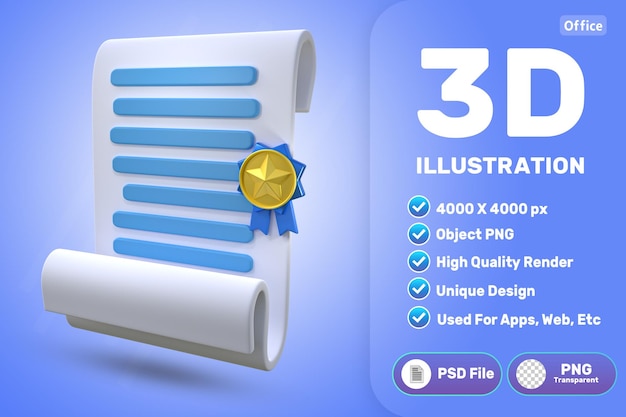 PSD hoja de papel 3d con un icono de medalla.