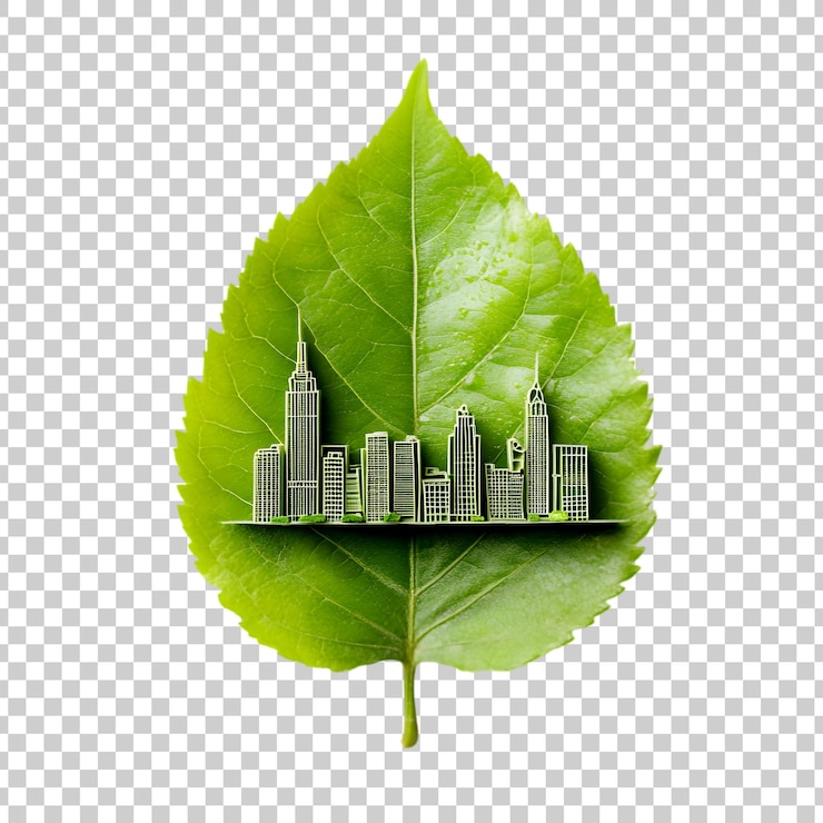 PSD una hoja verde con una ciudad aislada en un fondo transparente