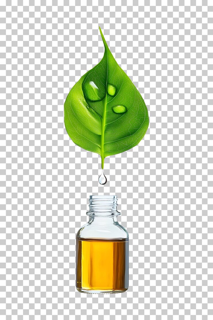 PSD hoja verde goteando aceite esencial en una botella de vidrio aislada en un fondo transparente png psd