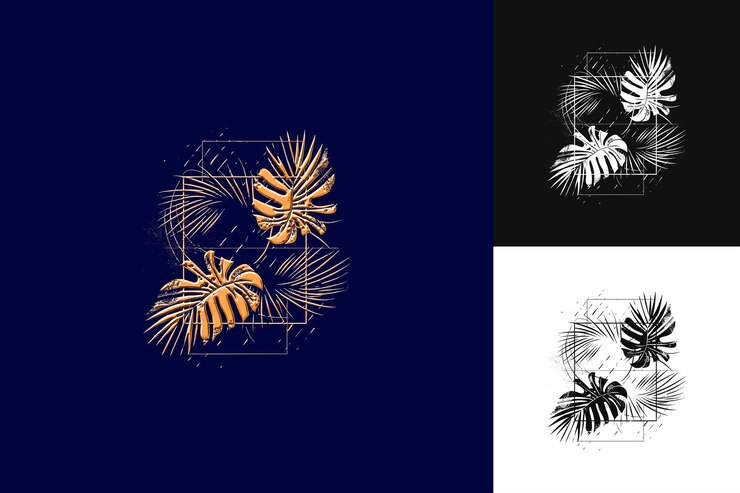 PSD hojas de palma con silueta de monstera y diseño geométrico wi diseño vectorial de ilustraciones creativas
