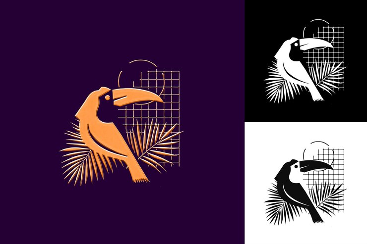 PSD hojas de palma con siluetas geométricas de tucán y diseño vectorial de ilustraciones creativas minimalistas