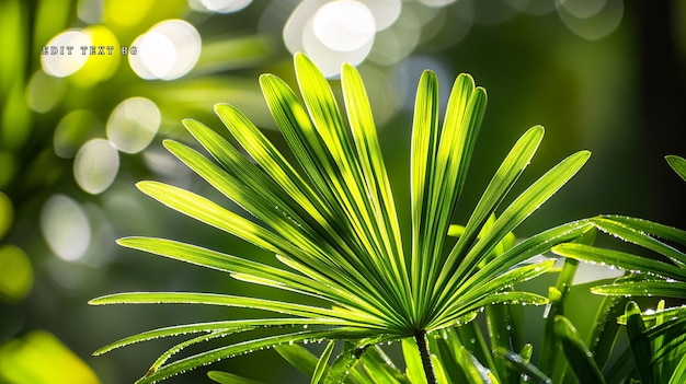 Hojas de palma verdes iluminadas por el sol con gotas de rocío en fondo bokeh