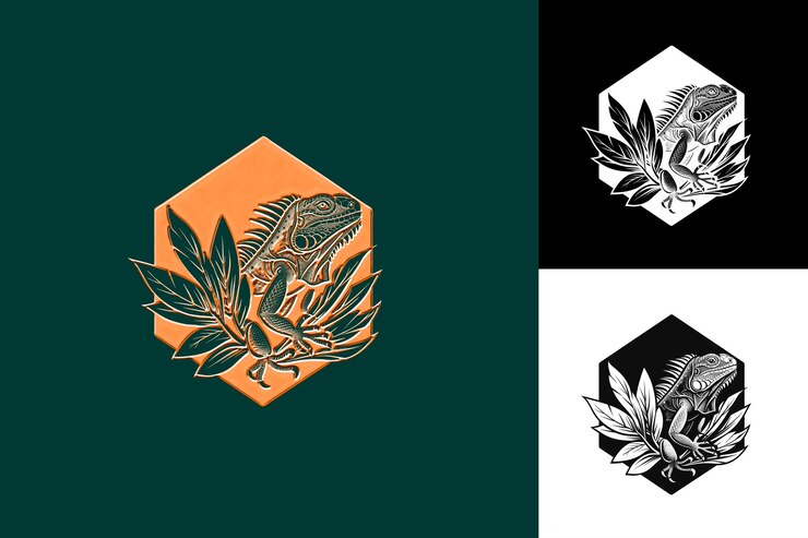 PSD hojas de plátano con contornos limpios de iguana y simplificar el diseño vectorial de ilustraciones creativas