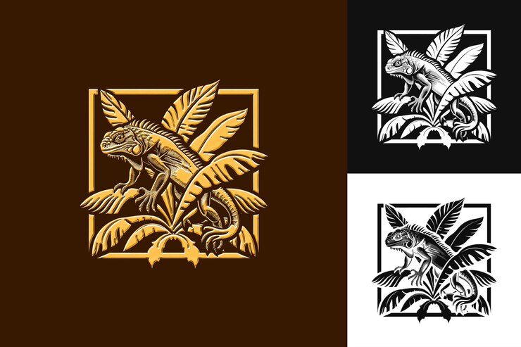 PSD hojas de plátano con contornos limpios de iguana y simplificar el diseño vectorial de ilustraciones creativas