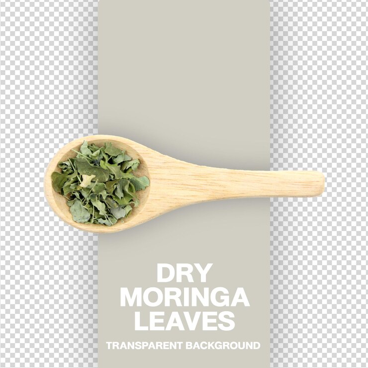 PSD hojas secas de moringa en una cuchara de madera vista superior