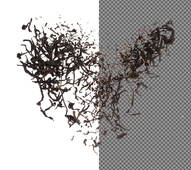 Las hojas secas negras del té explotan las hojas de té de gran tamaño caen la mosca de la nube abstracta los tés de color verde marrón salpicando en el aire el fondo blanco lanzando aislado congelando el movimiento
