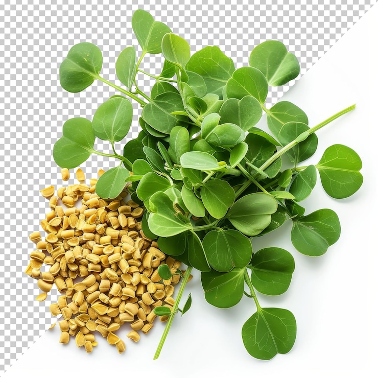 PSD hojas y semillas frescas de fenogreco verdes dispuestas sobre un fondo blanco que muestran su color y textura vibrantes para uso culinario