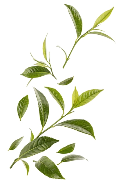 Hojas de té cayendo y flotando en el aire sobre un fondo transparente