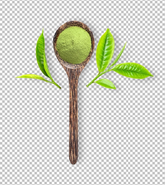 Hojas de té y polvo de té verde matcha en cuchara de madera aislada en