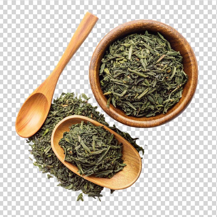 PSD hojas de té verde y cuchara de madera aisladas sobre un fondo transparente
