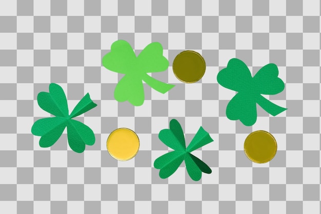 Hojas de trébol de papel del día de Patrick y confeti dorado redondo aislado en fondo blanco vista superior PNG