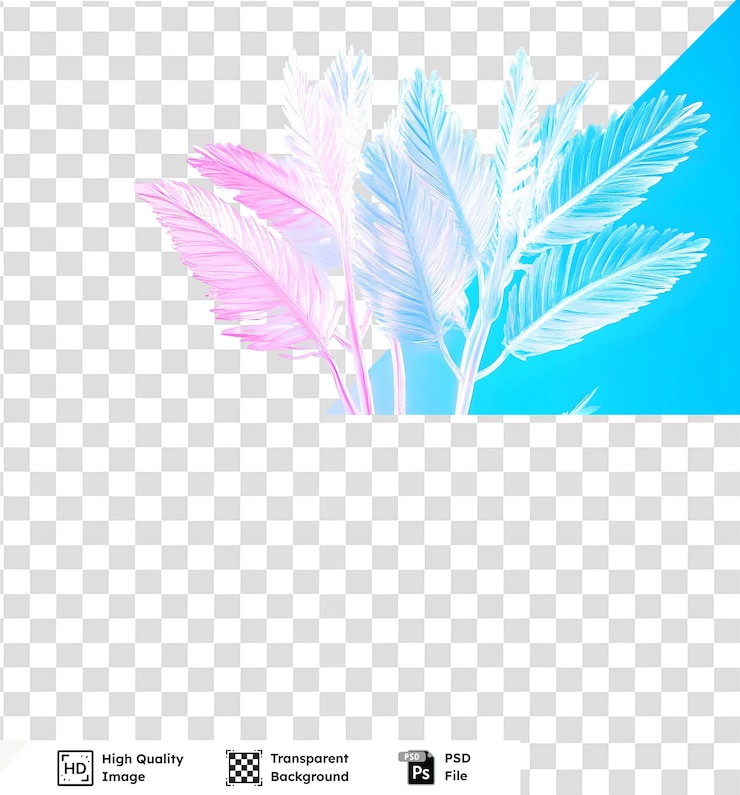 PSD hojas tropicales de color rosa pastel azul en un fondo gradiente imagen transparente de alta calidad