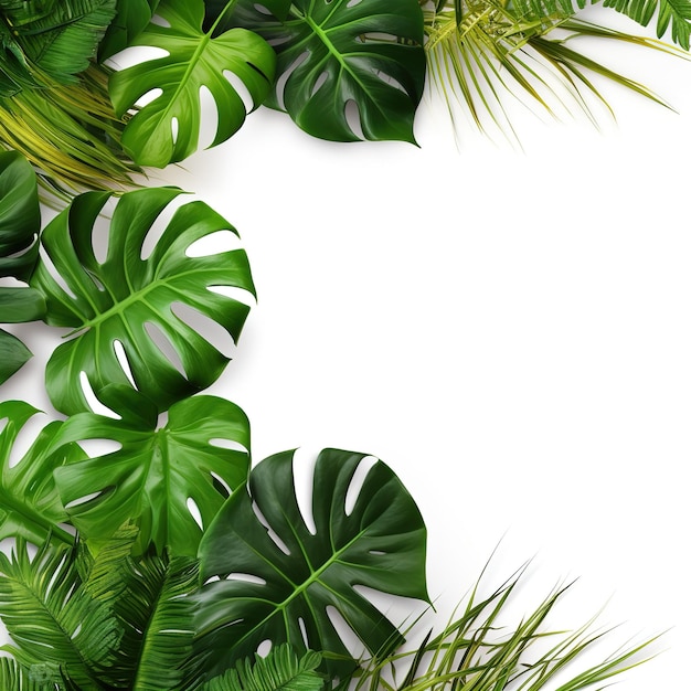 Las hojas tropicales enmarcan el diseño de la naturaleza de Monstera y el filodendro de hojas divididas las plantas de follaje exóticas aisladas en fondo blanco