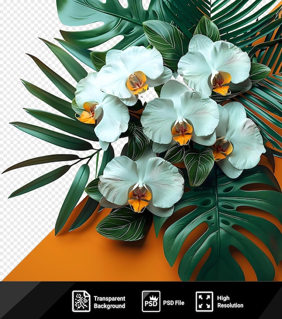 PSD hojas tropicales y guirnaldas de flores arreglo de ramos mezcla orquídeas flor con follaje tropical helecho filodendro y hojas de rusco con camino de recorte en un fondo naranja png