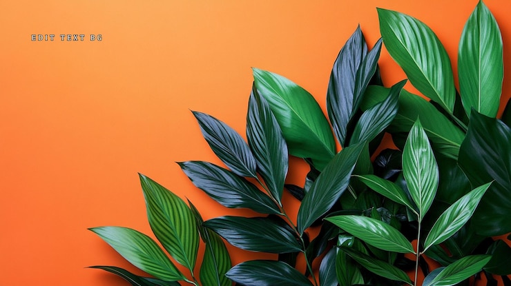 PSD hojas tropicales verdes y exuberantes dispuestas sobre un fondo naranja vibrante