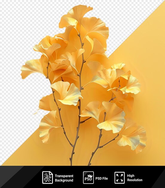 PSD hojas únicas de ginko de otoño y flores amarillas dispuestas en un jarrón contra una pared amarilla png psd