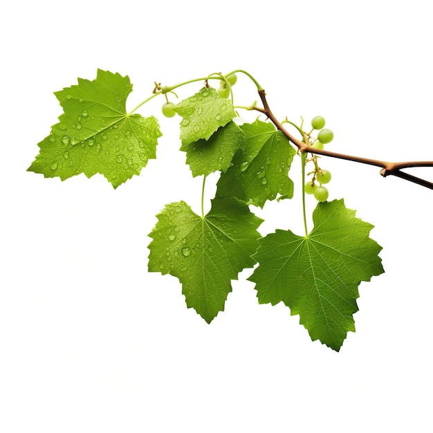 Hojas de uva rama de la vid con zarcillos y hojas jóvenes después de la lluvia en el viñedo hojas verdes planta de uva o vides con gotas de lluvia aisladas en fondo blanco