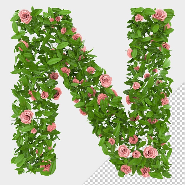 PSD hojas verdes aisladas y rosas 3d letra n