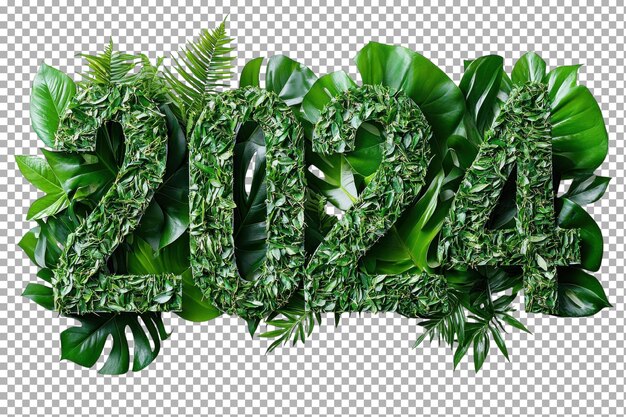 Las hojas verdes forman los números que representan el año 2024 rodeadas de follaje tropical