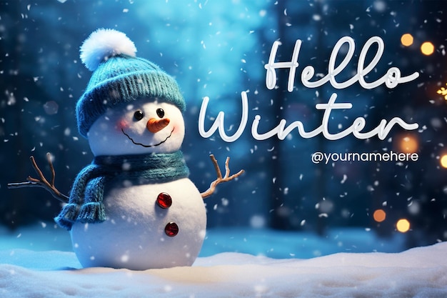 Hola bandera de invierno plantilla y fondo de invierno con fondo de muñeco de nieve