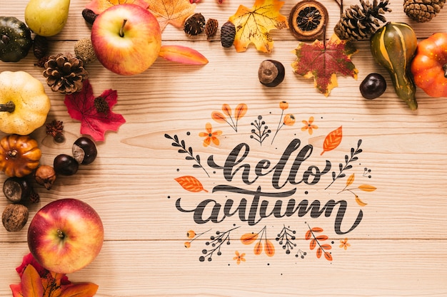 PSD hola cita de otoño con hojas y manzanas
